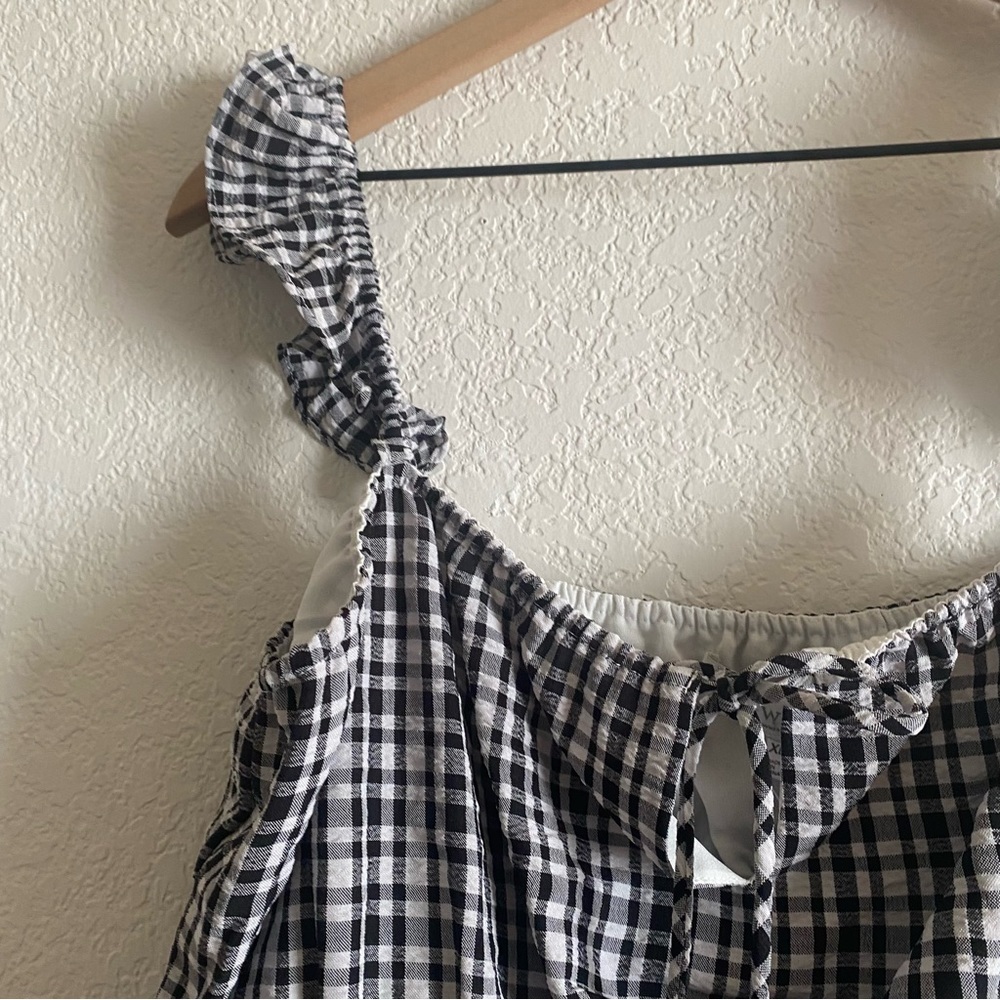 WAYF Check Smocked Waist Top Black White XL - Picture 5 of 10